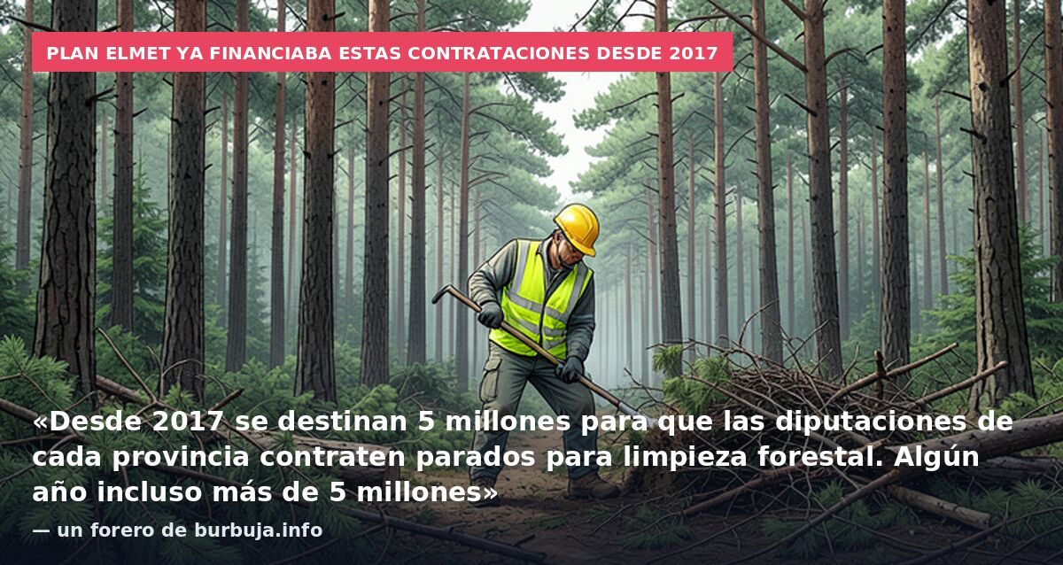 Plan Elmet ya financiaba estas contrataciones desde 2017: «Desde 2017 se destinan 5 millones para que las diputaciones de cada provincia contraten parados para limpieza forestal. Algún año incluso más de 5 millones» — un forero de burbuja.info
