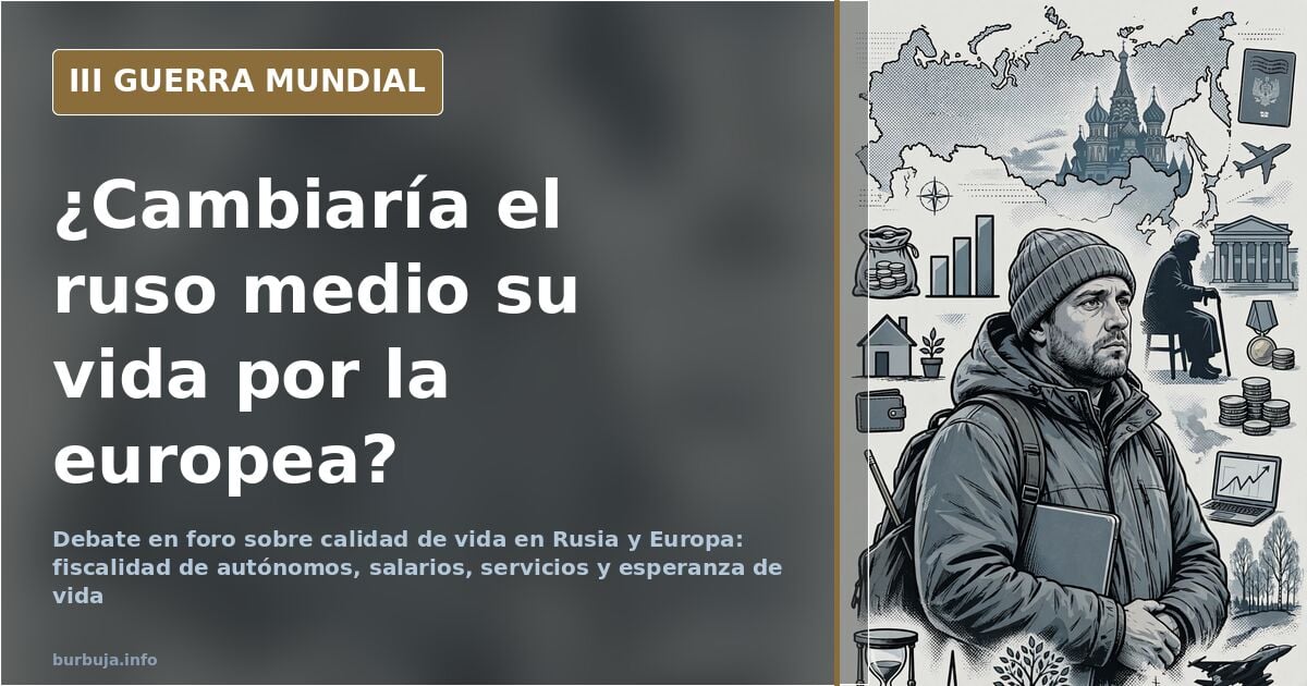 Comparativa de calidad de vida entre Rusia y Europa con siluetas de rascacielos de Moscú y mapa de la esperanza de vida europ