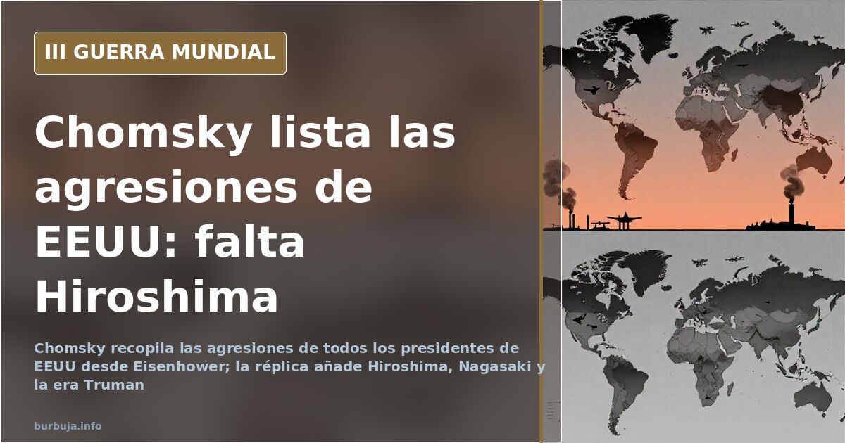 Silueta de un mapa de Estados Unidos con marcas de intervenciones militares y columnas de humo en el horizonte