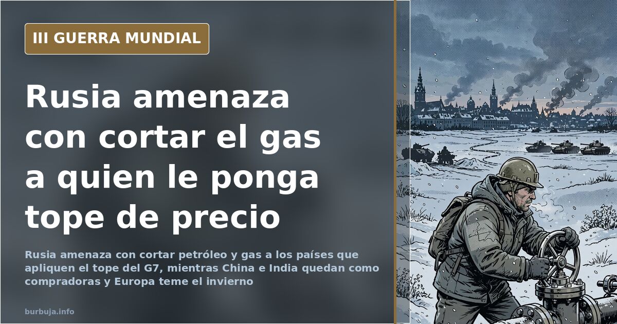 Gasoducto y siluetas de infraestructura energética en un paisaje desaturado con humo lejano, ilustrando el corte del gas ruso