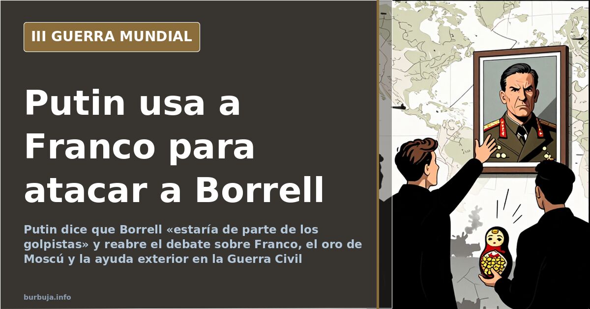 Mapa desaturado de España con flechas de avance militar y humo al fondo, ilustración sobre Putin, Franco y la Guerra Civil