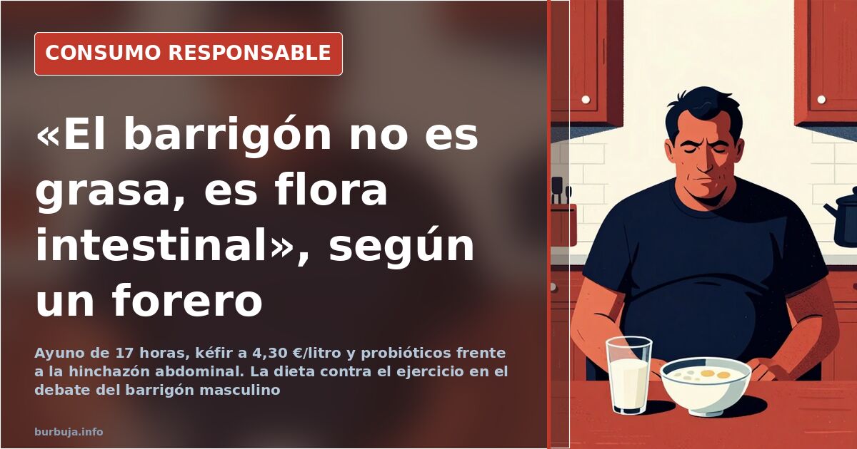 Hombre de mediana edad con barriga cervecera leyendo la etiqueta de un yogur con probióticos en la sección de lácteos del sup