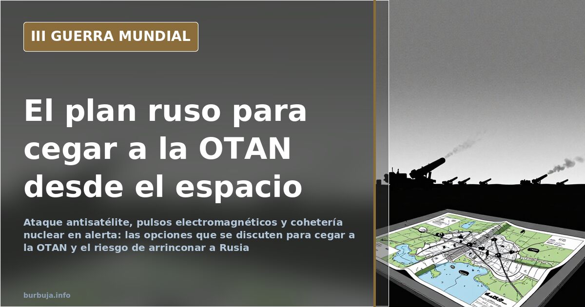 Ilustración documental de un ataque antisatélite: silueta de lanzador, mapas y humo lejano en el horizonte desaturado