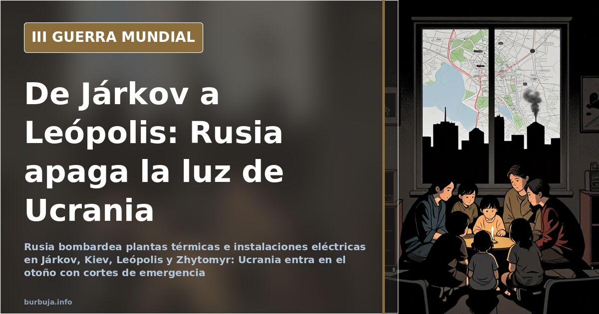 Silueta de una instalación eléctrica dañada con la ciudad a oscuras al fondo y una columna de humo en el horizonte
