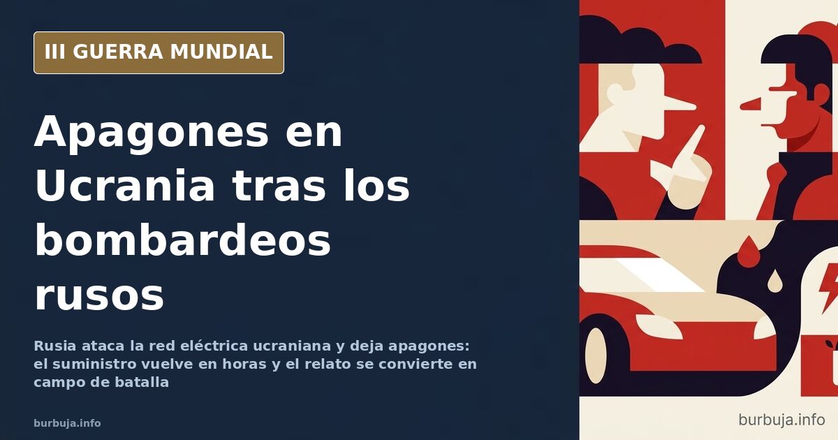 Silueta de una ciudad ucraniana a oscuras tras los apagones, con el tendido eléctrico dañado y humo en el horizonte