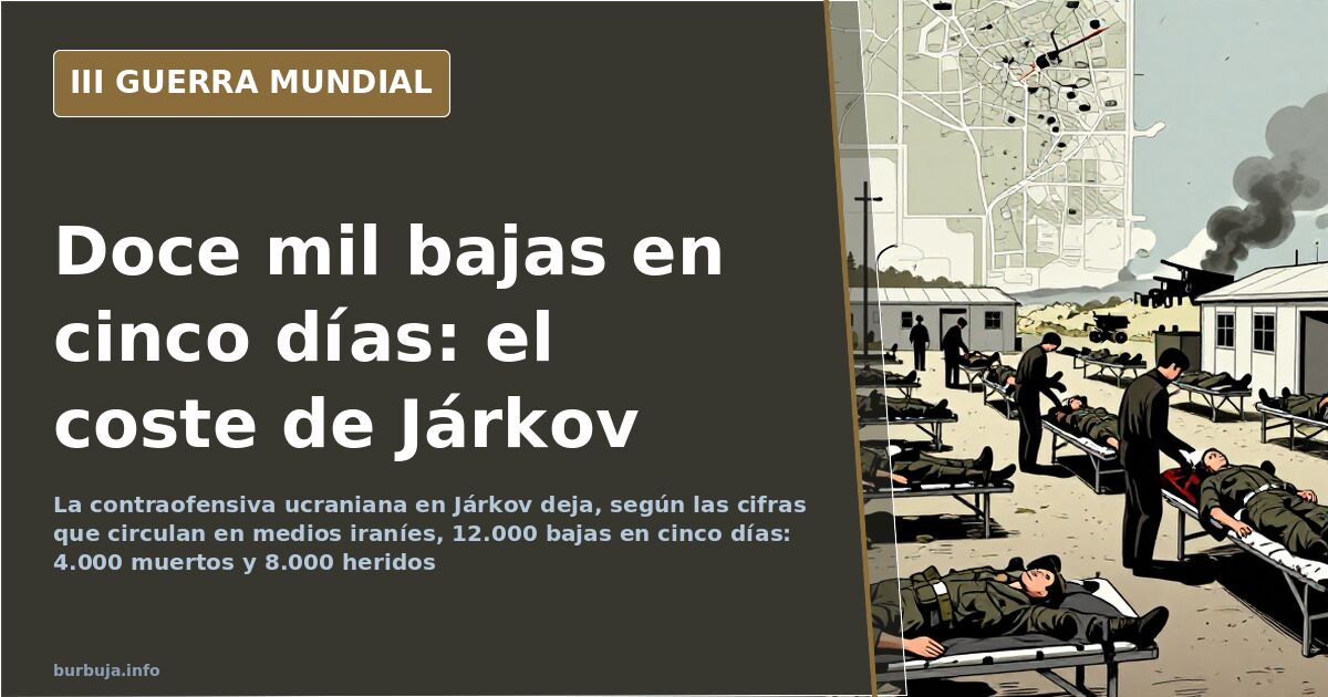 Mapa de la región de Járkov con la línea del frente, siluetas de vehículos militares y humo lejano en el horizonte