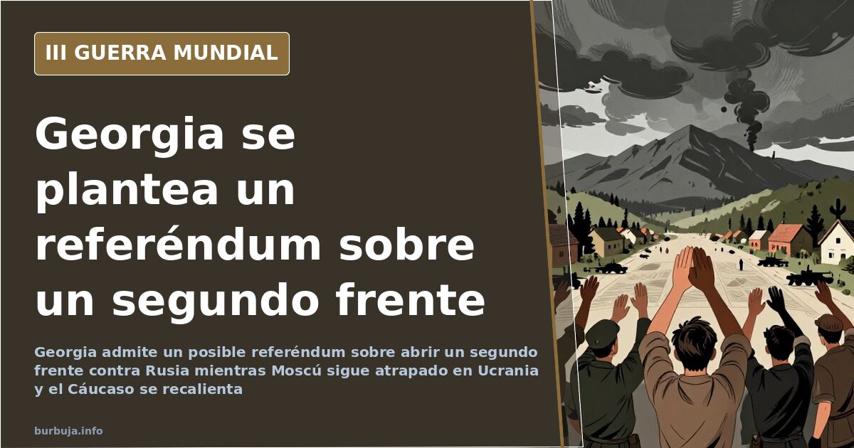Mapa del Cáucaso con la frontera de Georgia marcada y siluetas de vehículos militares bajo humo lejano