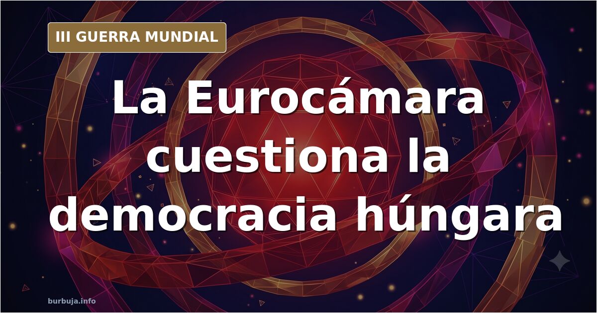 Sede del Parlamento Europeo con banderas de la UE y Hungría en un mapa de Europa del Este bajo un cielo gris