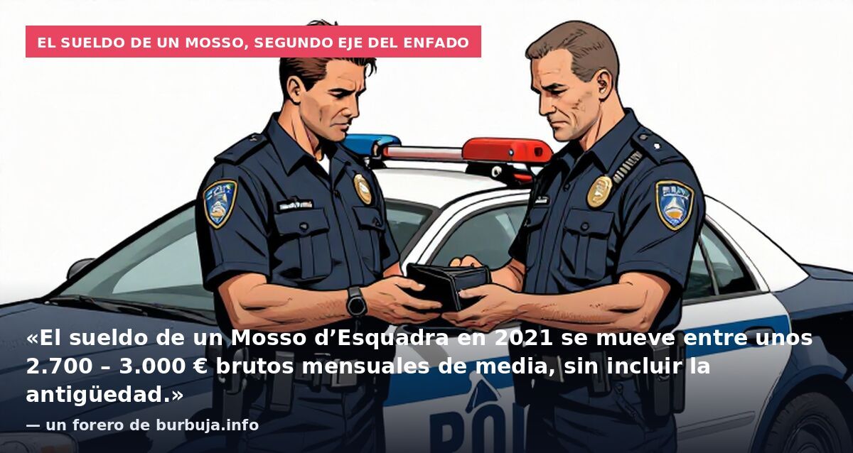 El sueldo de un mosso, segundo eje del enfado: «El sueldo de un Mosso d’Esquadra en 2021 se mueve entre unos 2.700 – 3.000 € brutos mensuales de media, sin incluir la antigüedad.» — un forero de burbuja.info