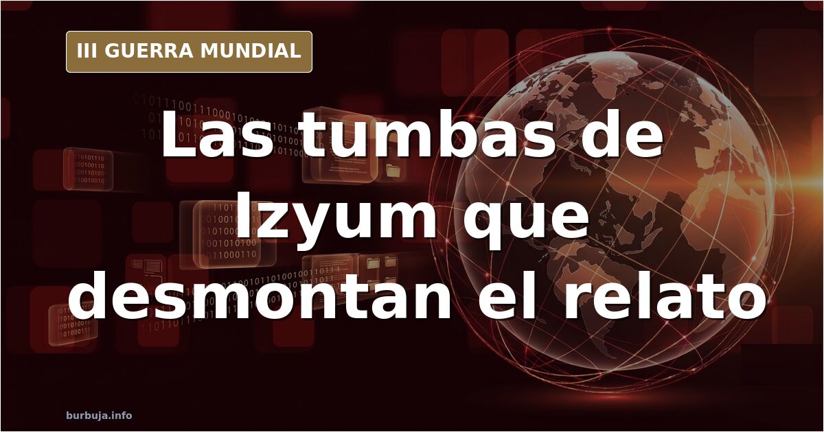 Cementerio improvisado con hileras de cruces individuales y montículos de tierra en Izyum, con siluetas de vehículos militare