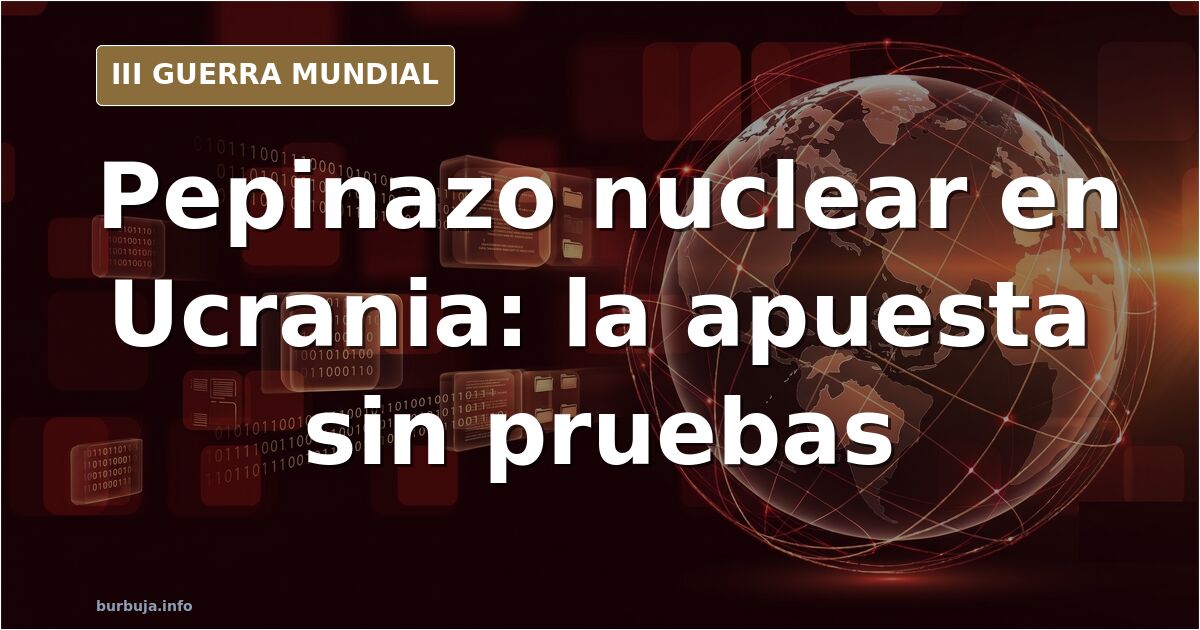 Mapa de Ucrania con siluetas de equipo militar y columnas de humo en el horizonte ilustrando el escenario de un pepinazo nucl