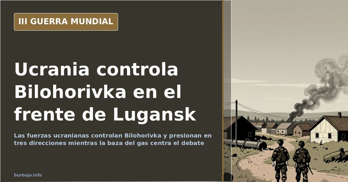 Mapa del frente de Lugansk con Bilohorivka marcada, siluetas de vehículos militares y humo lejano en un estilo documental des