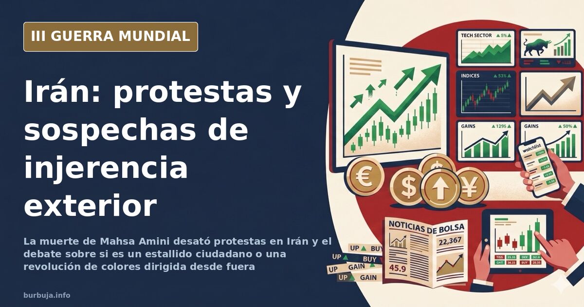 Mapa desaturado de Irán con siluetas de drones y manifestantes en Teherán bajo una columna de humo lejano