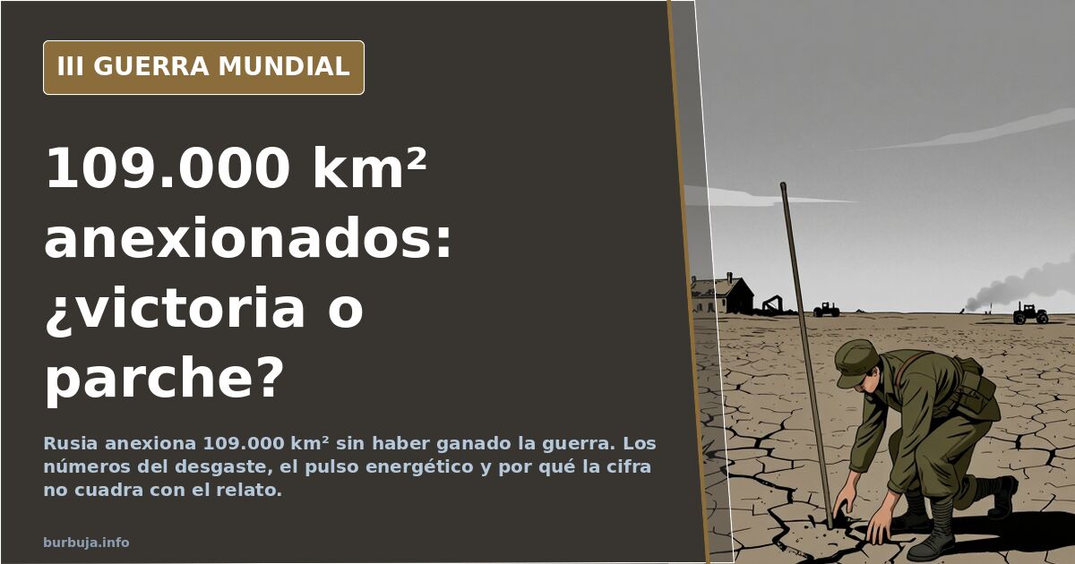 Mapa desaturado de Ucrania con las regiones anexionadas marcadas y siluetas de blindados en la distancia
