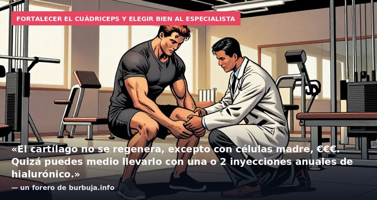 Fortalecer el cuádriceps y elegir bien al especialista: «El cartílago no se regenera, excepto con células madre, €€€. Quizá puedes medio llevarlo con una o 2 inyecciones anuales de hialurónico.» — un forero de burbuja.info