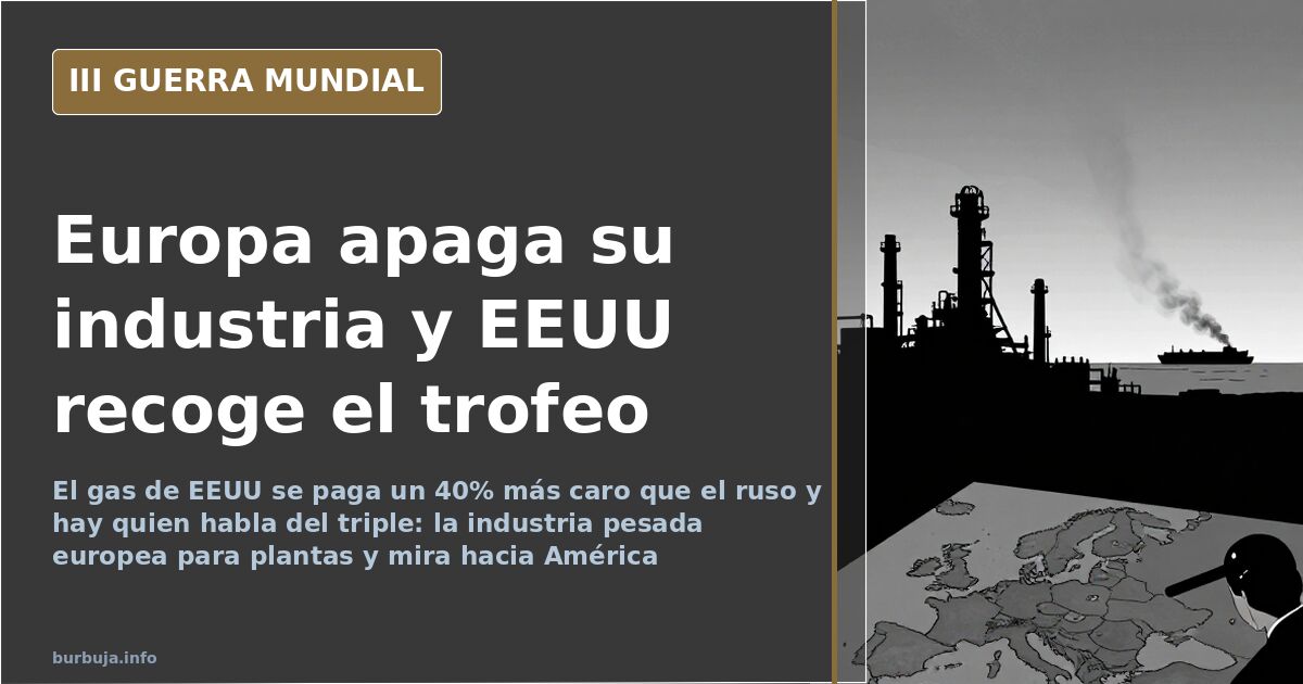 Complejo industrial europeo con chimeneas apagadas y un mapa con rutas de gas hacia Estados Unidos