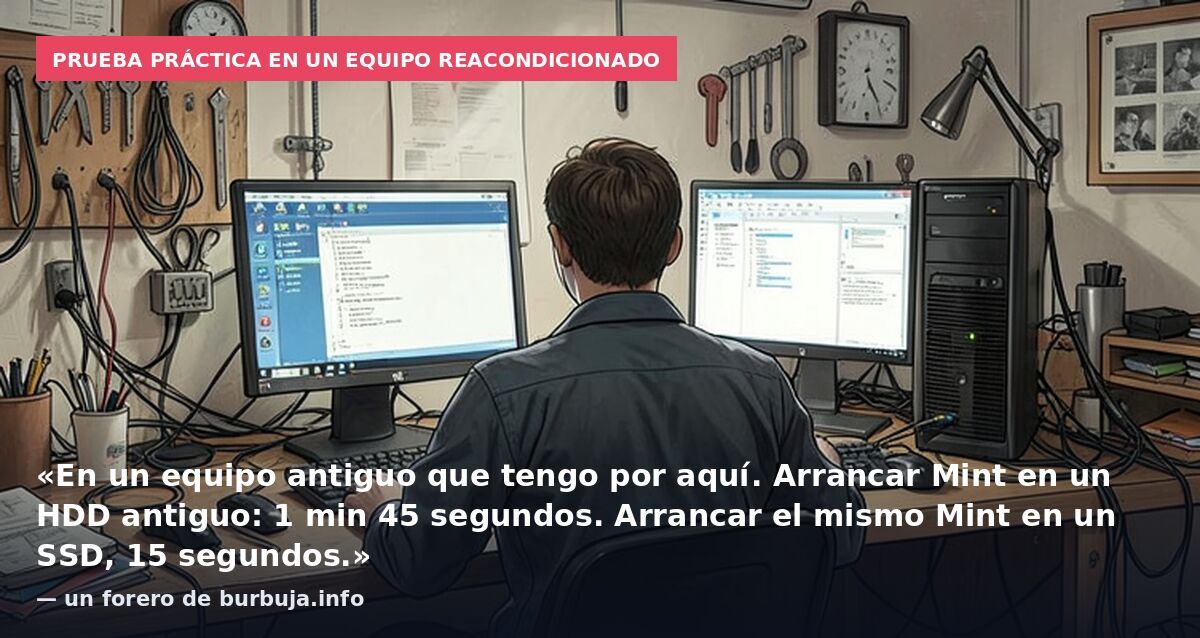 Prueba práctica en un equipo reacondicionado: «En un equipo antiguo que tengo por aquí. Arrancar Mint en un HDD antiguo: 1 min 45 segundos. Arrancar el mismo Mint en un SSD, 15 segundos.» — un forero de burbuja.info