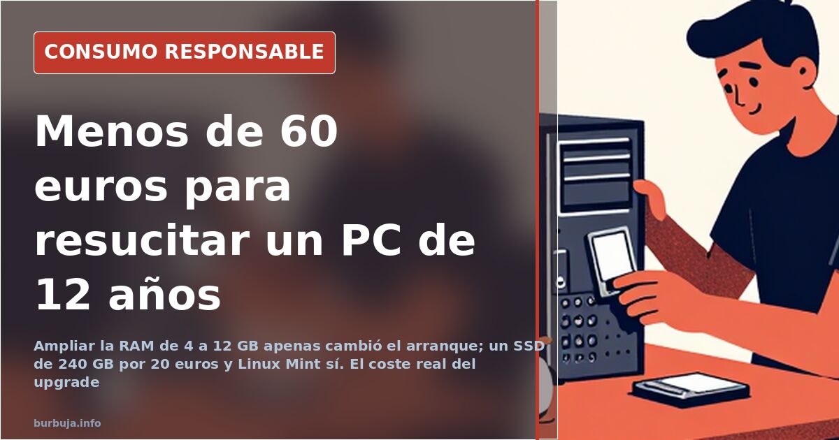 Ordenador de sobremesa antiguo abierto con módulos de memoria RAM DDR3 y un disco SSD instalados sobre la placa base