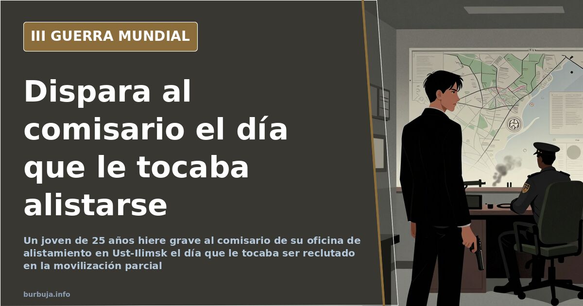 Ilustración documental desaturada de un edificio administrativo de reclutamiento militar ruso con humo lejano en el horizonte