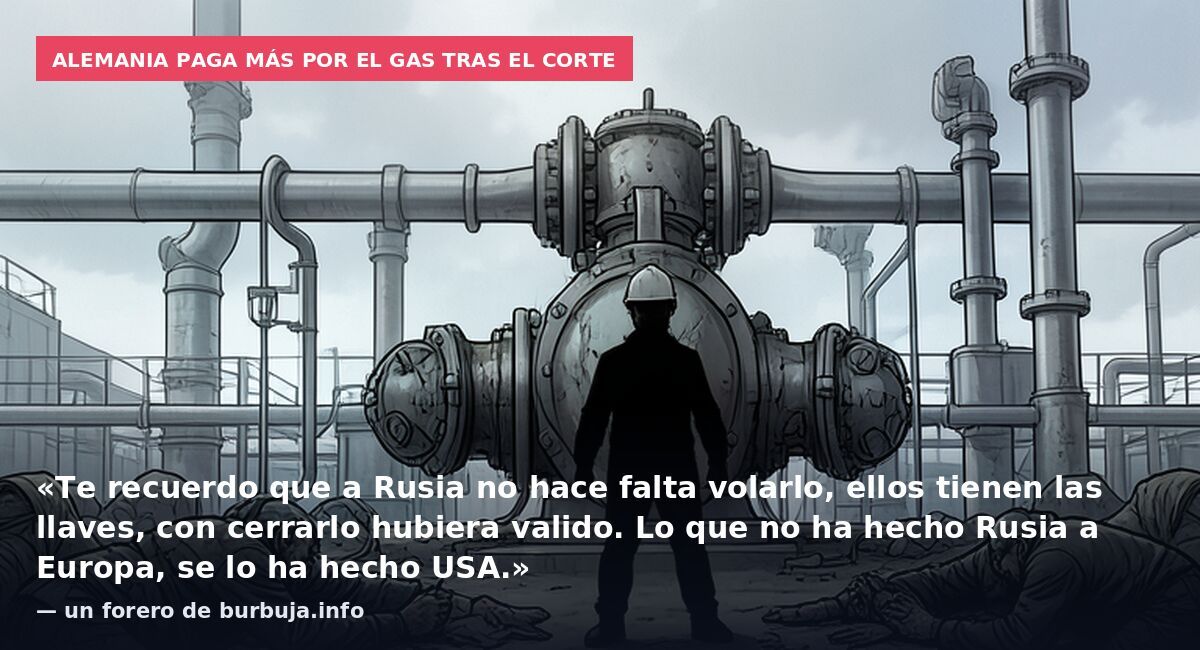 Alemania paga más por el gas tras el corte: «Te recuerdo que a Rusia no hace falta volarlo, ellos tienen las llaves, con cerrarlo hubiera valido. Lo que no ha hecho Rusia a Europa, se lo ha hecho USA.» — un forero de burbuja.info