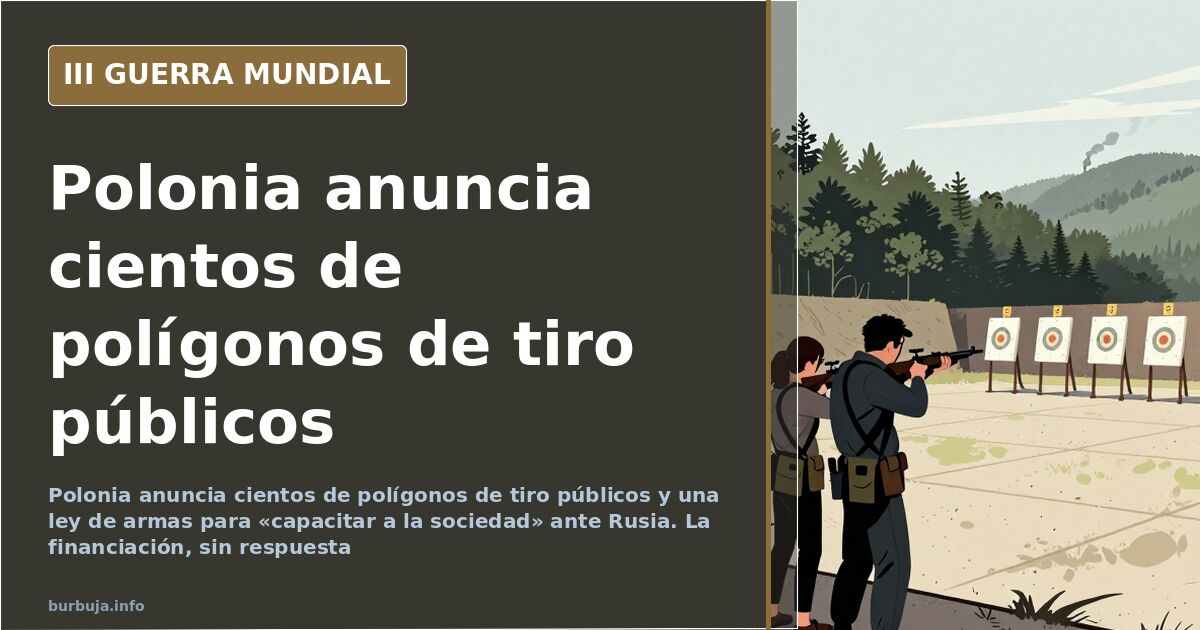 Ilustración de un polígono de tiro público en Polonia con siluetas de civiles practicando y humo lejano sobre el horizonte