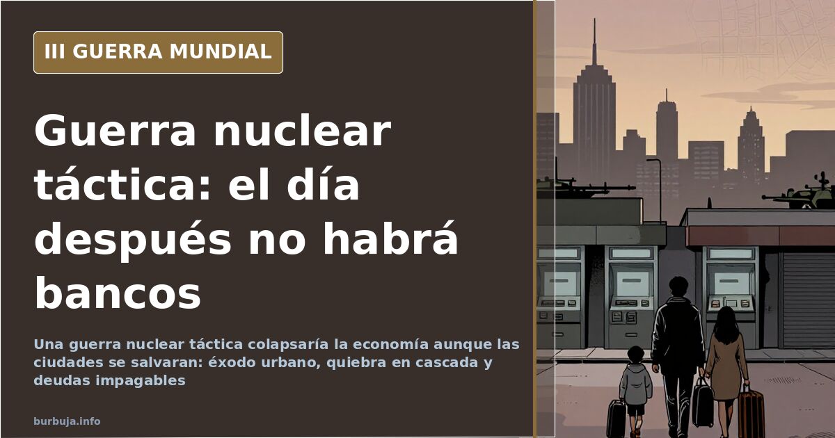 Mapa europeo con siluetas de equipamiento militar y columnas de humo lejano de una guerra nuclear táctica