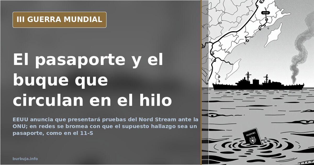 Buque de guerra en el Báltico junto a un mapa y un pasaporte flotando entre restos, con humo lejano al fondo