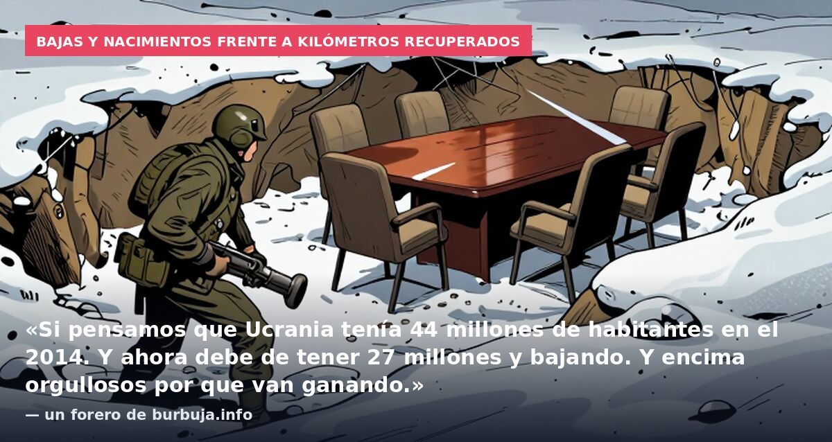 Bajas y nacimientos frente a kilómetros recuperados: «Si pensamos que Ucrania tenía 44 millones de habitantes en el 2014. Y ahora debe de tener 27 millones y bajando. Y encima orgullosos por que van ganando.» — un forero de burbuja.info