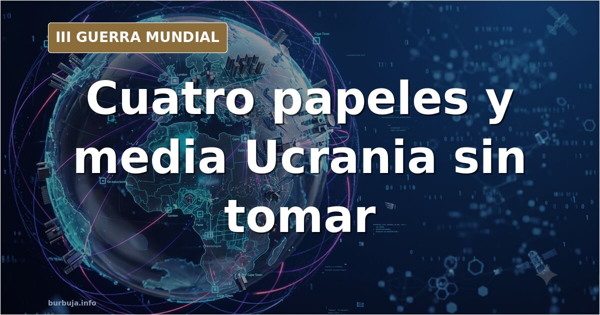 Mapa desaturado de Ucrania con las cuatro regiones anexionadas marcadas y siluetas de blindados en retirada