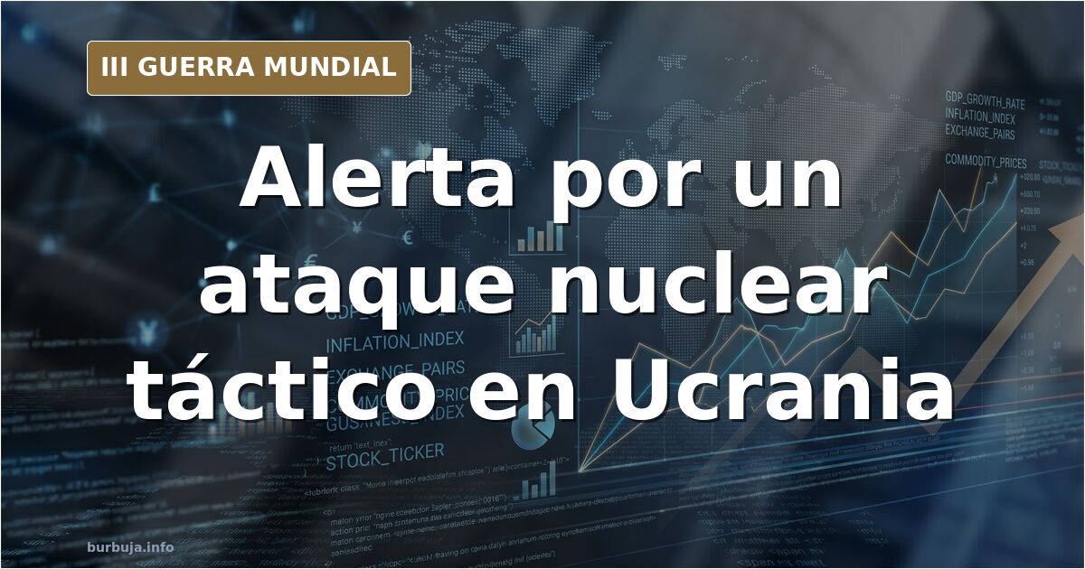 Silueta de un misil sobre un mapa de Ucrania con columnas de humo al fondo en tonos desaturados