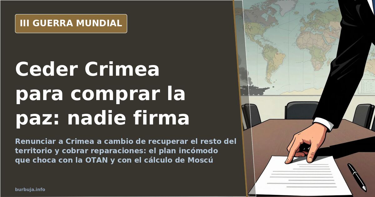 Mapa de Ucrania con la península de Crimea y las regiones del Donbás y Jersón marcadas, entre columnas de humo lejano en el h