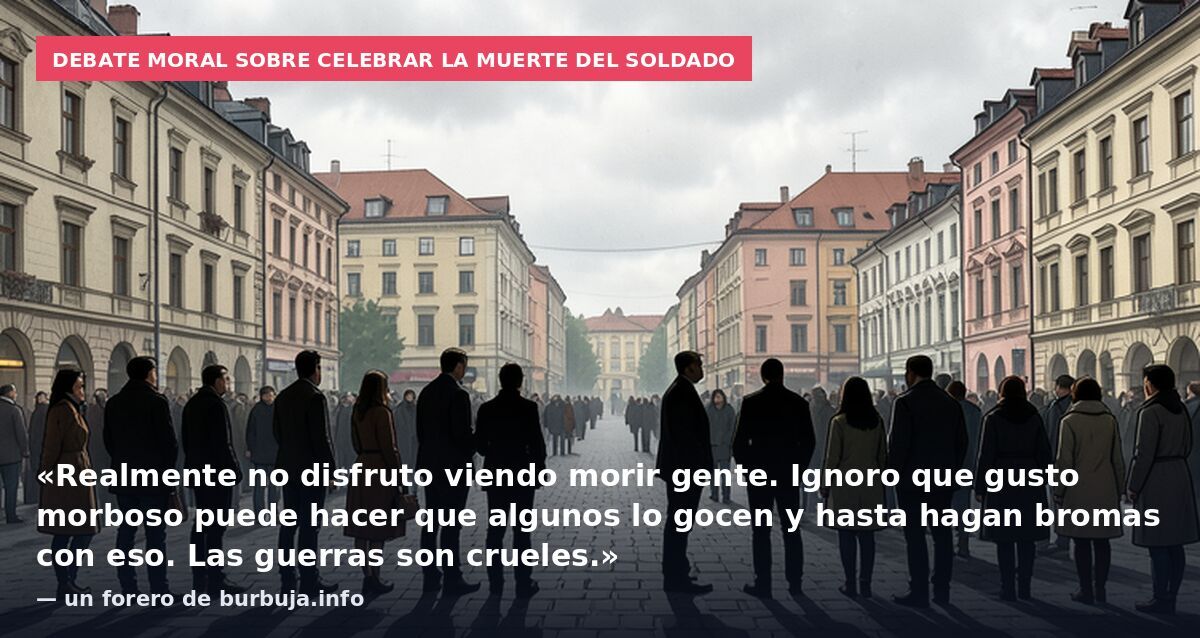 Debate moral sobre celebrar la muerte del soldado: «Realmente no disfruto viendo morir gente. Ignoro que gusto morboso puede hacer que algunos lo gocen y hasta hagan bromas con eso. Las guerras son crueles.» — un forero de burbuja.info