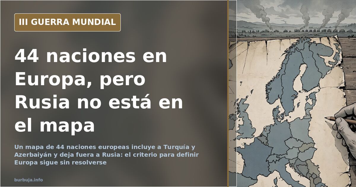 Mapa de Europa con 44 naciones marcadas y la frontera oriental difusa sobre un fondo desaturado