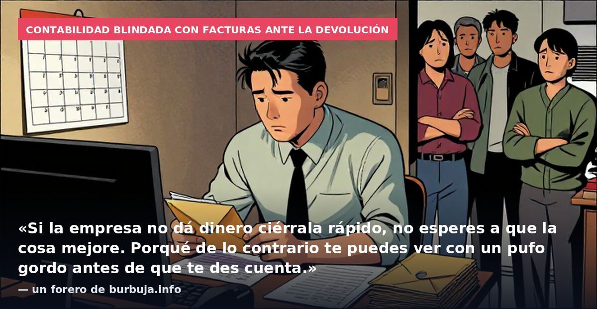 Contabilidad blindada con facturas ante la devolución: «Si la empresa no dá dinero ciérrala rápido, no esperes a que la cosa mejore. Porqué de lo contrario te puedes ver con un pufo gordo antes de que te des cuenta.» — un forero de burbuja.info