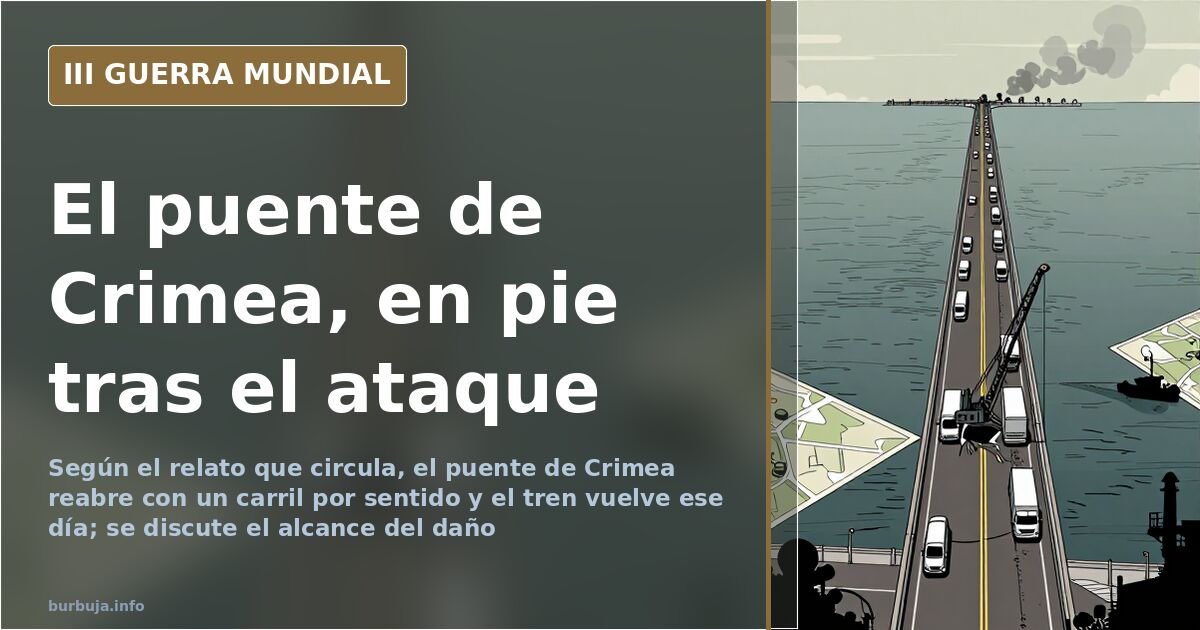 Vista del puente de Crimea con un tramo dañado y las vías del tren sobre la estructura