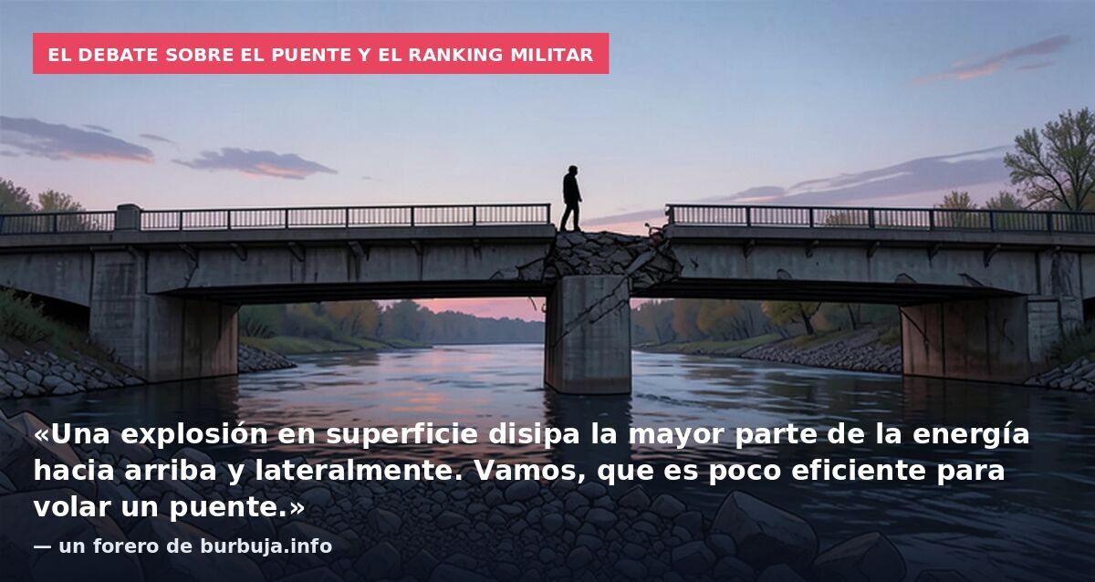 El debate sobre el puente y el ranking militar: «Una explosión en superficie disipa la mayor parte de la energía hacia arriba y lateralmente. Vamos, que es poco eficiente para volar un puente.» — un forero de burbuja.info