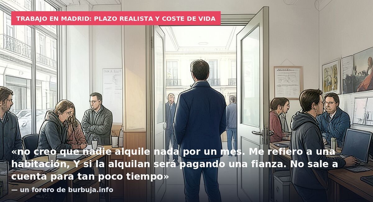 Trabajo en Madrid: plazo realista y coste de vida: «no creo que nadie alquile nada por un mes. Me refiero a una habitación, Y si la alquilan será pagando una fianza. No sale a cuenta para tan poco tiempo» — un forero de burbuja.info
