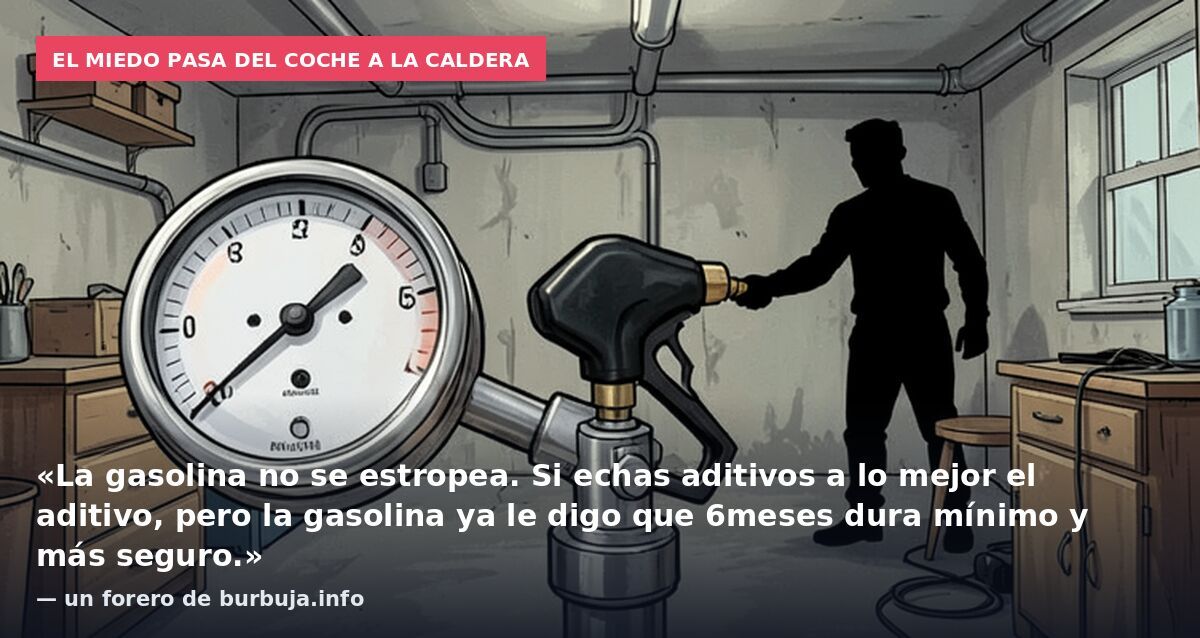 El miedo pasa del coche a la caldera: «La gasolina no se estropea. Si echas aditivos a lo mejor el aditivo, pero la gasolina ya le digo que 6meses dura mínimo y más seguro.» — un forero de burbuja.info