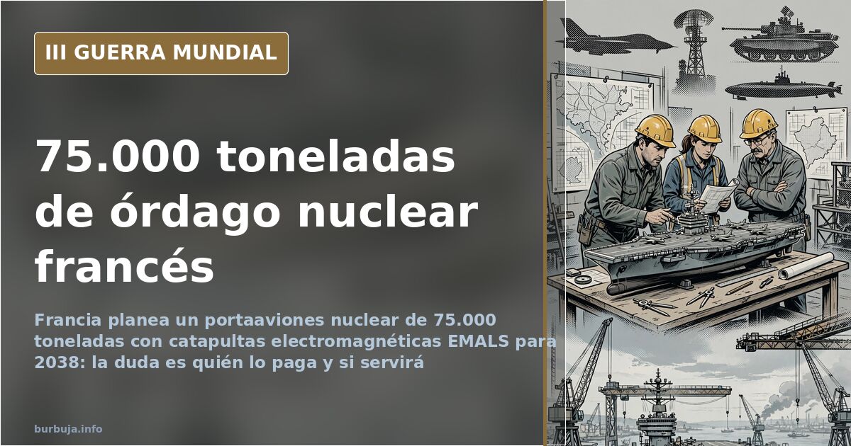 Ilustración de un portaaviones nuclear francés de 75.000 toneladas navegando sobre un mapa, con humo lejano en el horizonte