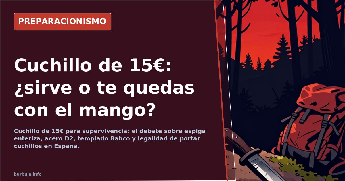 Cuchillo de supervivencia con mango hueco y pedernal interno junto a un Morakniv y un Bahco Laplander sobre una mesa de mader