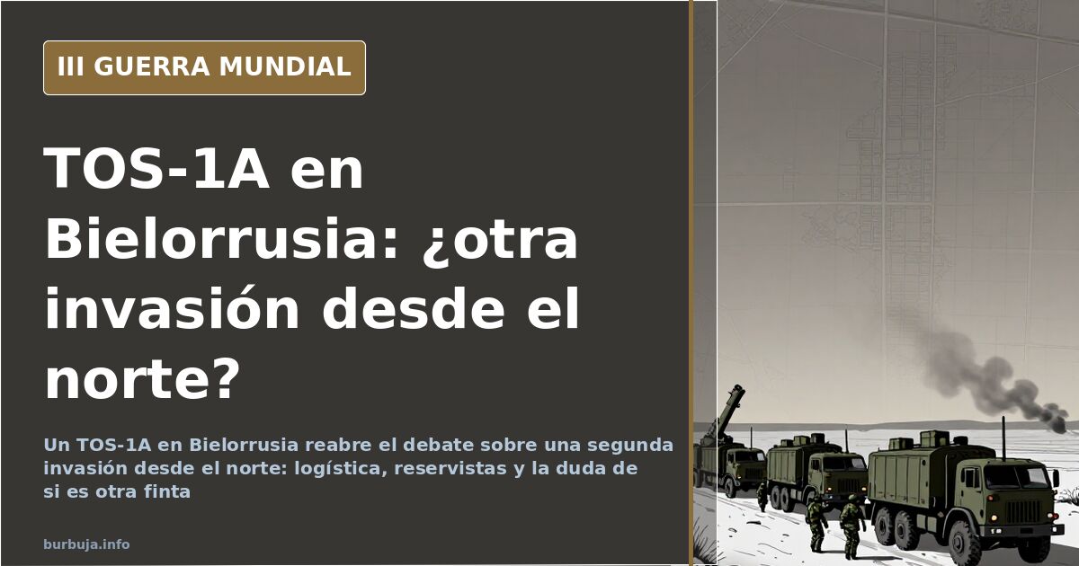 Lanzacohetes TOS-1A sobre un paisaje desaturado cerca de la frontera de Bielorrusia con columnas de humo al fondo