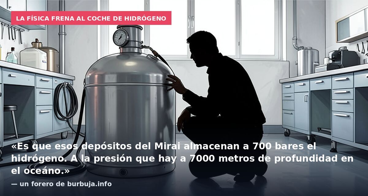 La física frena al coche de hidrógeno: «Es que esos depósitos del Mirai almacenan a 700 bares el hidrógeno. A la presión que hay a 7000 metros de profundidad en el oceáno.» — un forero de burbuja.info