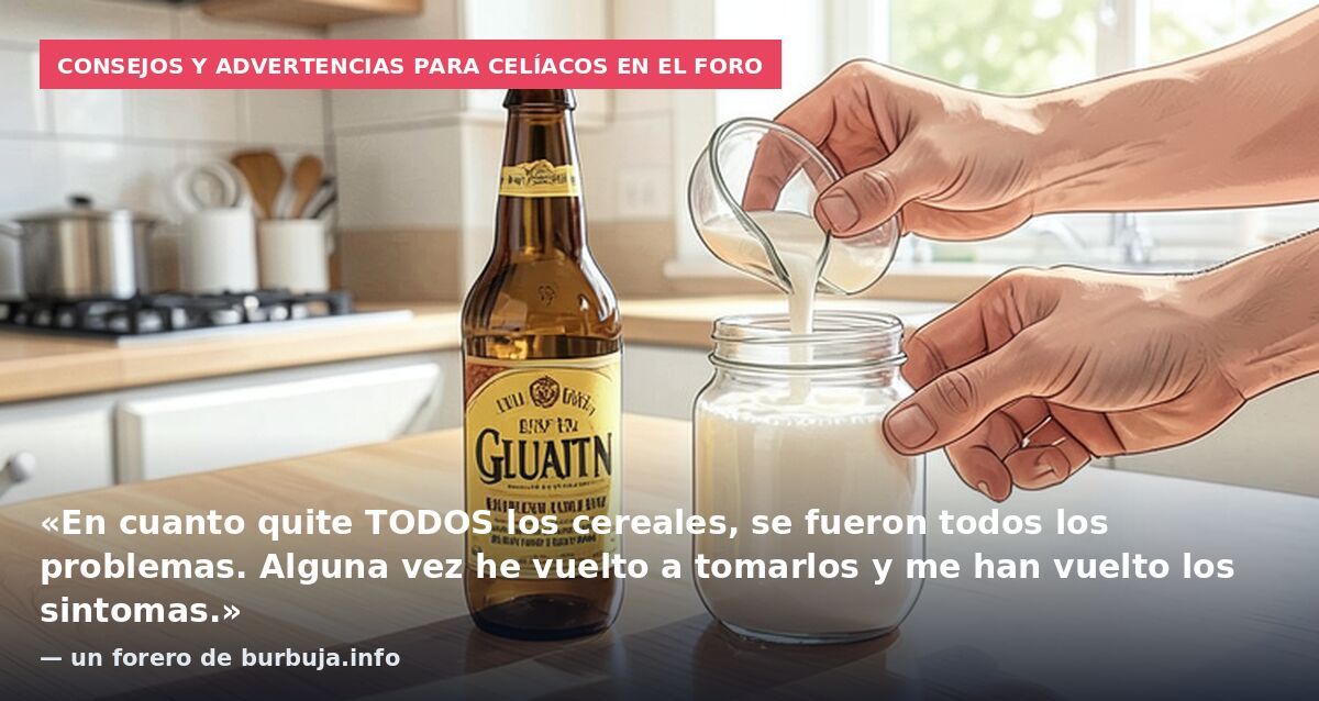 Consejos y advertencias para celíacos en el foro: «En cuanto quite TODOS los cereales, se fueron todos los problemas. Alguna vez he vuelto a tomarlos y me han vuelto los sintomas.» — un forero de burbuja.info