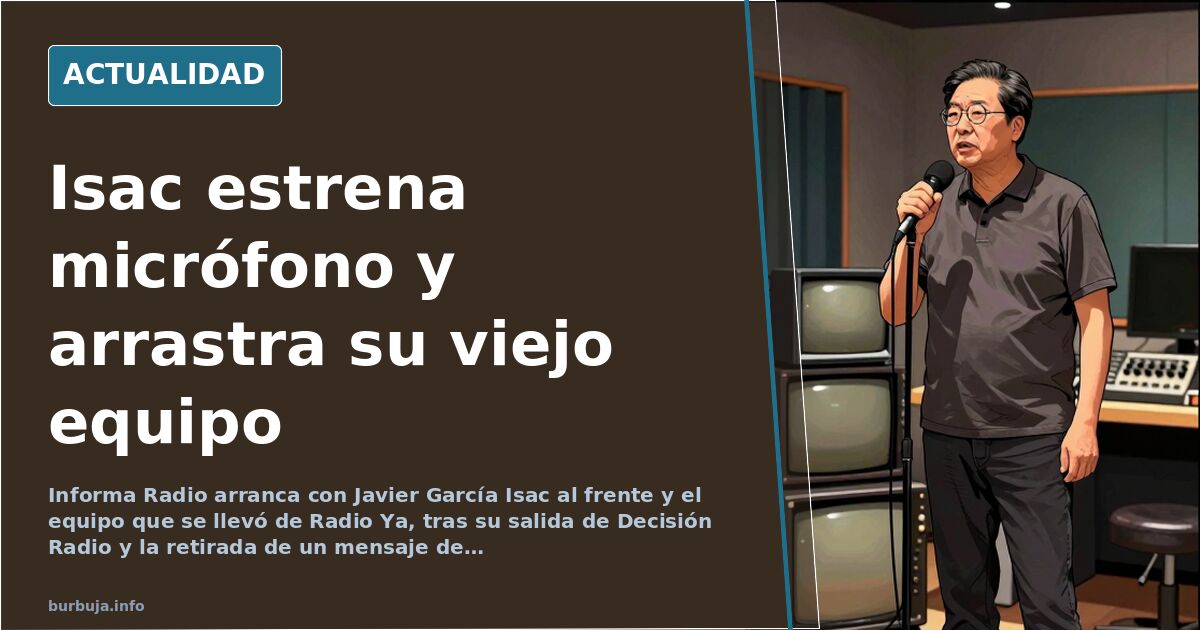 Micrófono de estudio de radio sobre mesa con auriculares y app de Informa Radio abierta en un teléfono móvil