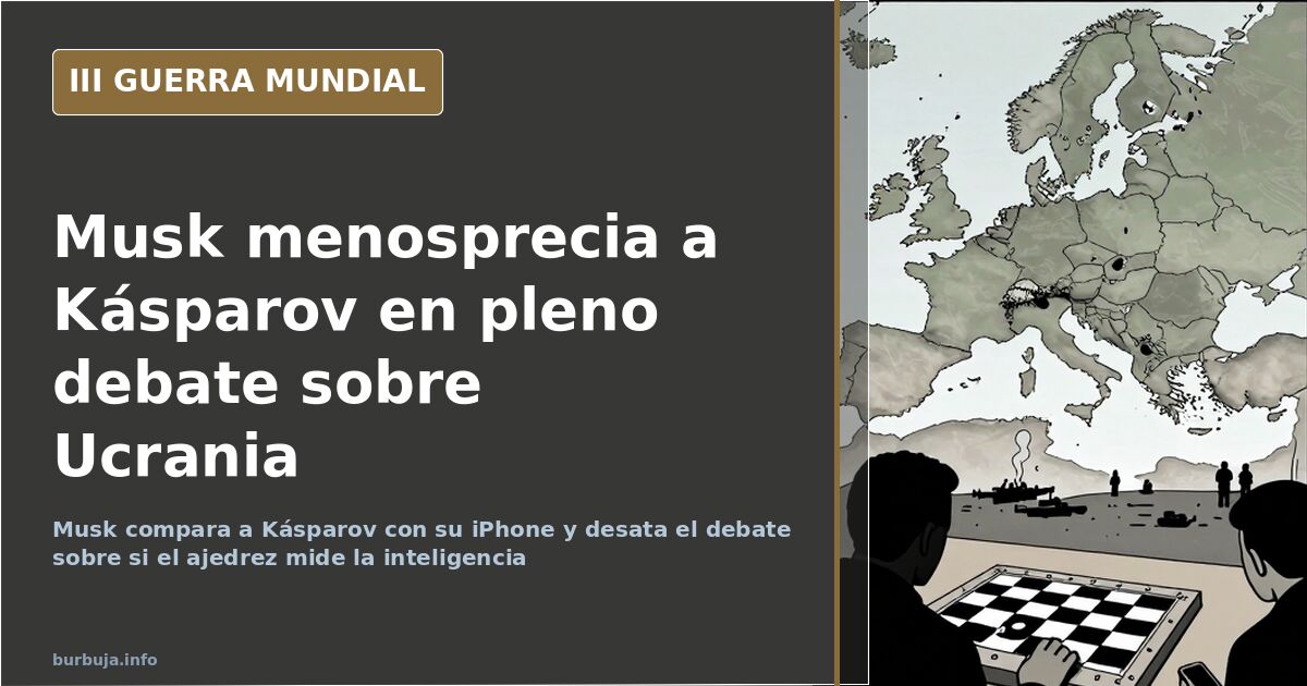 Tablero de ajedrez y smartphone junto a un mapa de Ucrania en ilustración documental sobre el pulso Musk contra Kásparov