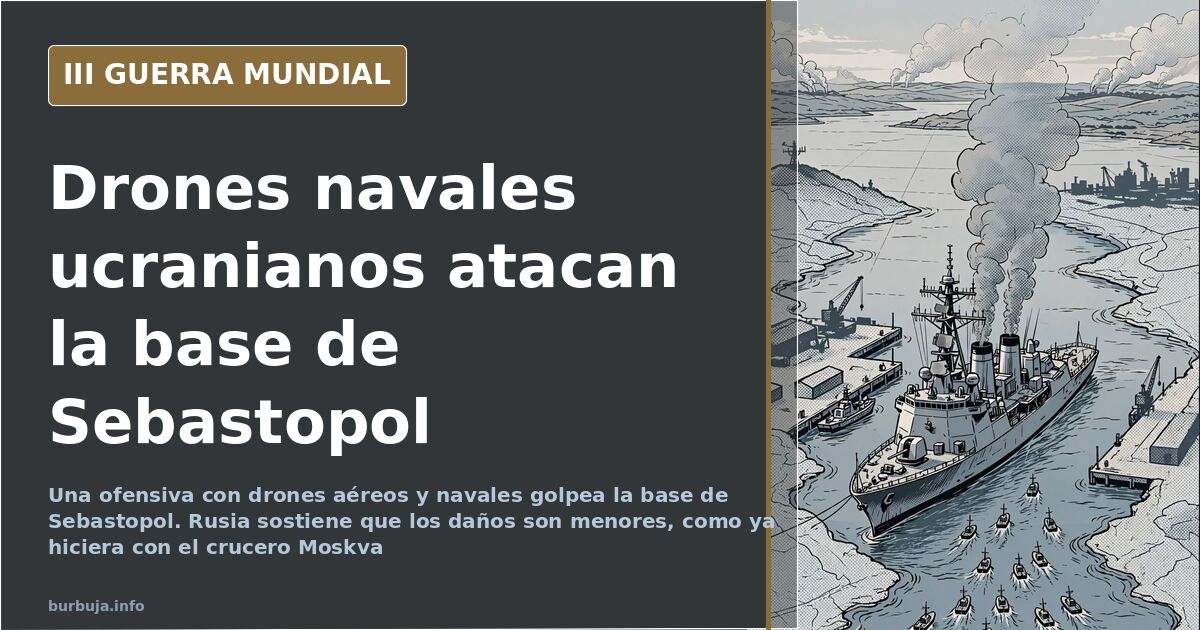 Ilustración de drones navales acercándose a un puerto militar con buques fondeados y humo lejano en el horizonte