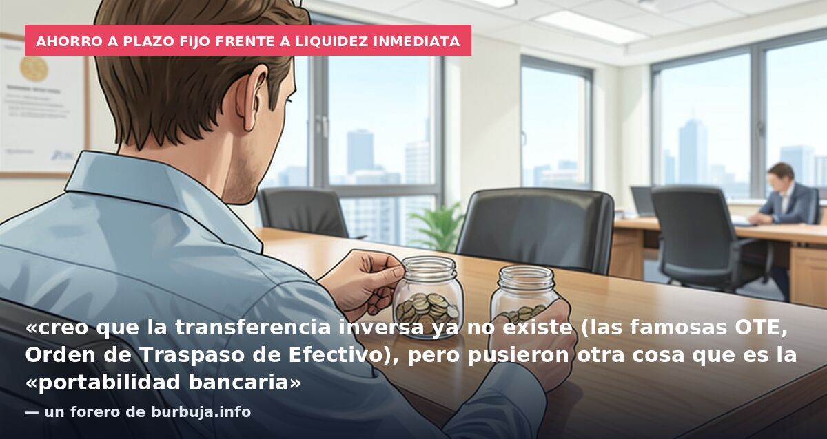 Ahorro a plazo fijo frente a liquidez inmediata: «creo que la transferencia inversa ya no existe (las famosas OTE, Orden de Traspaso de Efectivo), pero pusieron otra cosa que es la «portabilidad bancaria» — un forero de burbuja.info