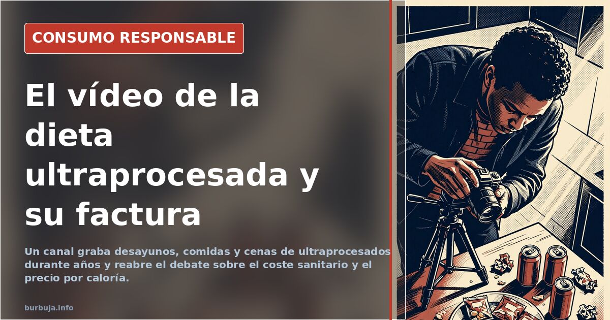 Mesa con envases y snacks industriales de comida ultraprocesada junto a un dispositivo reproduciendo un vídeo