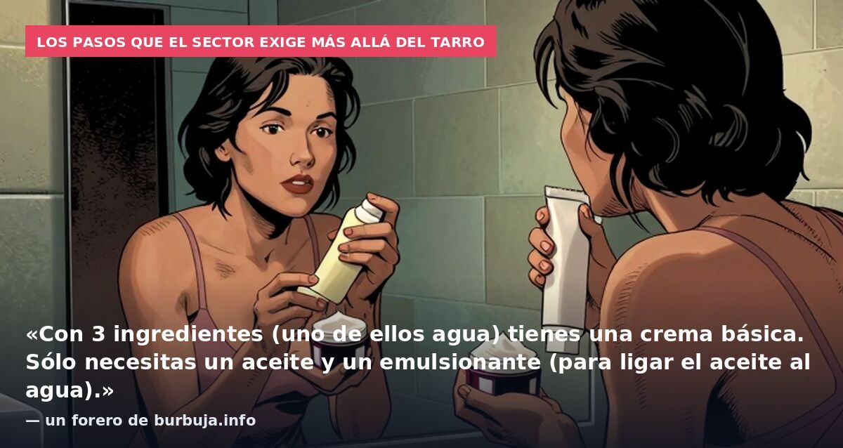 Los pasos que el sector exige más allá del tarro: «Con 3 ingredientes (uno de ellos agua) tienes una crema básica. Sólo necesitas un aceite y un emulsionante (para ligar el aceite al agua).» — un forero de burbuja.info