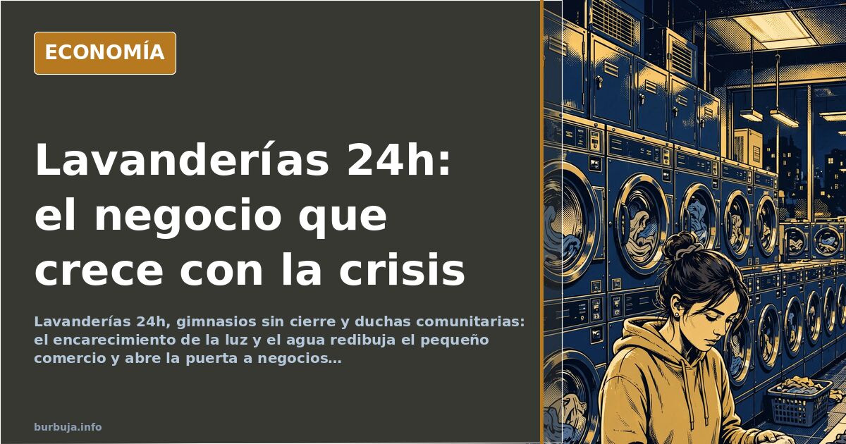 Interior de una lavandería de autoservicio abierta 24 horas con varias lavadoras industriales en funcionamiento y un cliente 